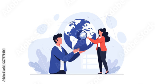 Global Research and Analysis: Business People Examining Earth Globe with Magnifying Glass