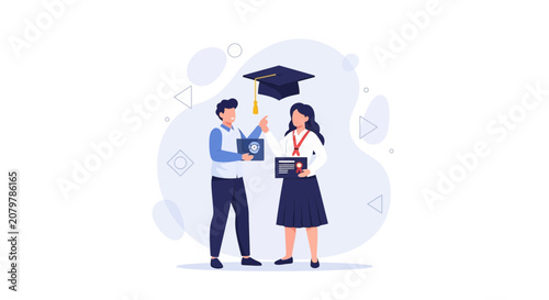 Graduation Ceremony Illustration: Students Celebrating Academic Achievement with Diplomas and Caps