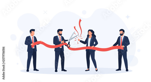 Grand Opening Ceremony: Business People Cutting Red Ribbon with Scissors