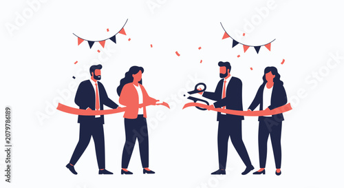 Grand Opening - Business People Cutting Ribbon with Scissors, Confetti and Bunting Flags