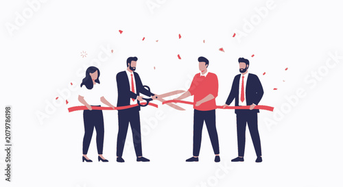 Grand Opening Ceremony: Business People Cutting Ribbon with Scissors and Confetti Falling, Symbolizing Success and New Beginnings