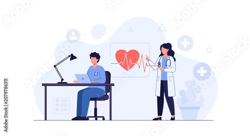 Healthcare professionals analyzing heart health data, doctors discussing cardiology, modern medical office setting