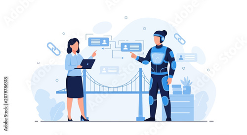 Human and Robot Collaborate on Digital Transformation Project Over a Bridge