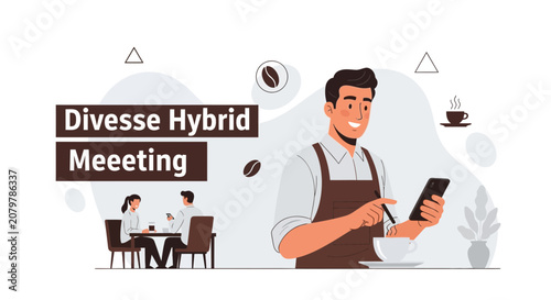 Hybrid Meeting Concept: Barista Using Smartphone in Cafe with Customers at Table