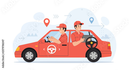Illustration of two delivery drivers in a car, one using phone and other tablet for navigation.