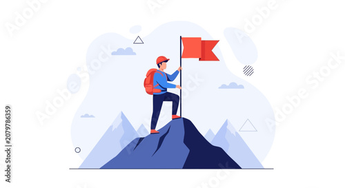 Illustrator reaches mountain summit and plants flag, symbolizing achievement, success, and goal accomplishment. Modern flat design.