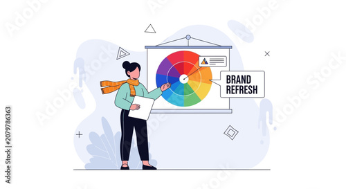 Illustrator presenting brand refresh with color wheel on whiteboard, modern flat design concept