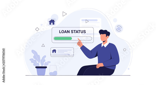Man Checking Loan Status Online, Financial Technology Concept, Flat Design Illustration