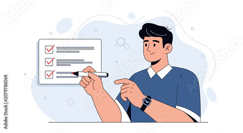Man checks off items on a to-do list with a marker, vector illustration representing productivity and task management.