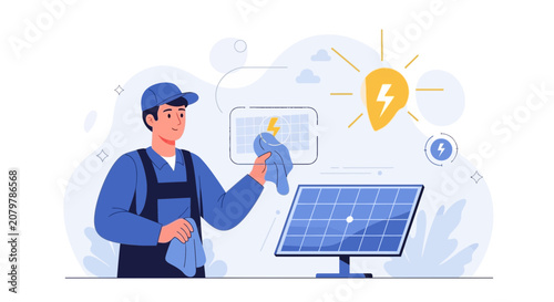 Man Cleaning Solar Panel with Light Bulb Symbol, Renewable Energy Concept Vector Illustration
