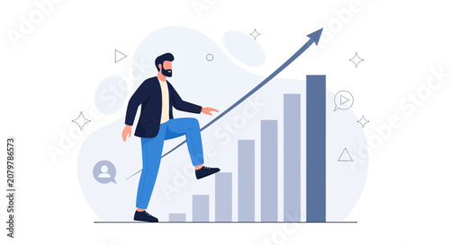 Man climbing upward graph bar representing success, growth, and financial progress.