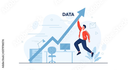 Man Climbing Upward Arrow Labeled DATA with Office Background, Symbolizing Growth and Success
