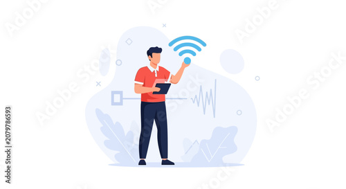 Man controlling Wi-Fi signal with tablet, modern flat vector illustration, technology concept