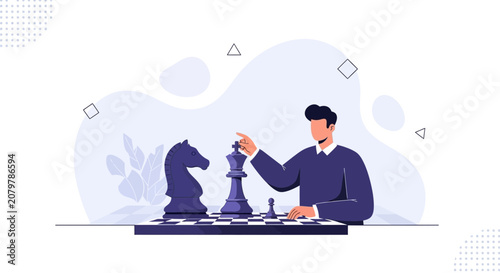 Man contemplating chess strategy, planning moves with king and knight pieces on a chessboard, vector illustration