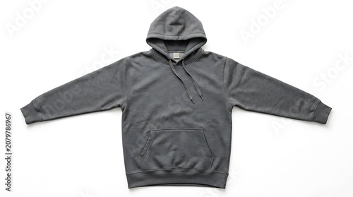 Gray hooded sweatshirt with kangaroo pocket.