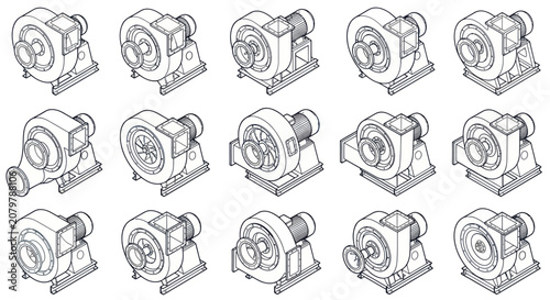 Foto Collection of industrial centrifugal fans and blowers in various perspectives