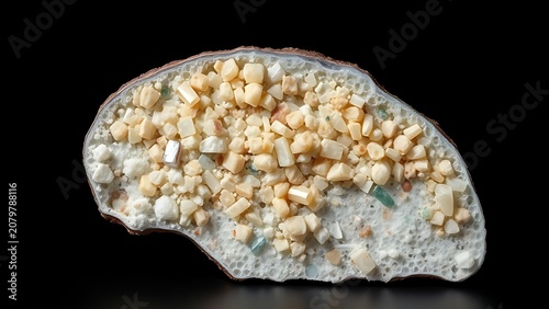 Polished cross-section of a mineral specimen with vari-colored crystals.