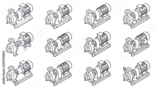 Collection of Industrial Centrifugal Pumps with Electric Motors.
