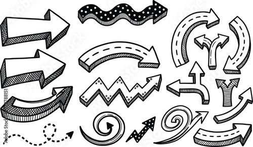 Hand drawn 3d arrow vector set with polka dot and dashed road patterns for infographic design