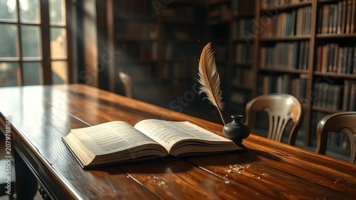 Wooden library table with manuscript, quill and inkwell in dust motes.