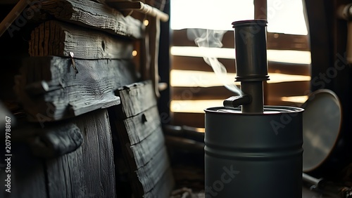 Close-up of a makeshift dwelling made from weathered wood and a metal barrel, soft morning light.