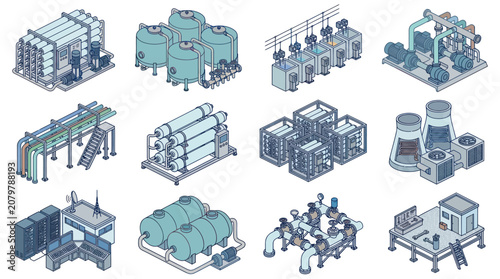 Fotografie Collection of Industrial Equipment and Machinery Illustrations.