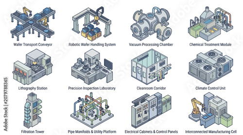 Collection of Industrial Manufacturing Equipment and Technology Illustrations.