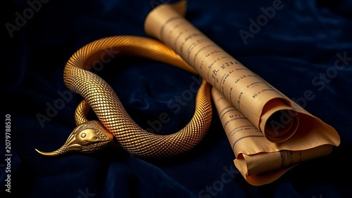 Golden serpent armlet on blue velvet with aged papyrus scrolls, historical elegance.