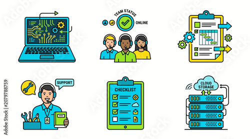 Technical support and it management service icons set