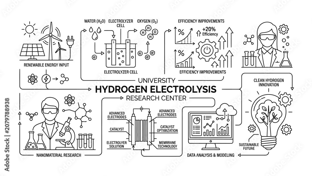 Obraz premium University Hydrogen Electrolysis Research Center Infographic Outline.