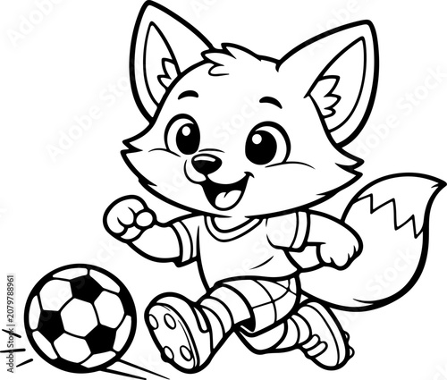 Renard heureux jouant au football, dessin animé, contour dessiné à la main, illustration style gribouillage, page à colorier pour enfants