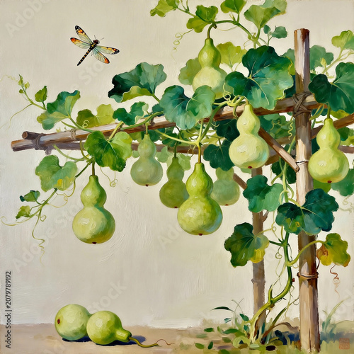 Traditional Chinese Still Life Painting of Green Gourds with Dragonfly and Butterfly in Garden