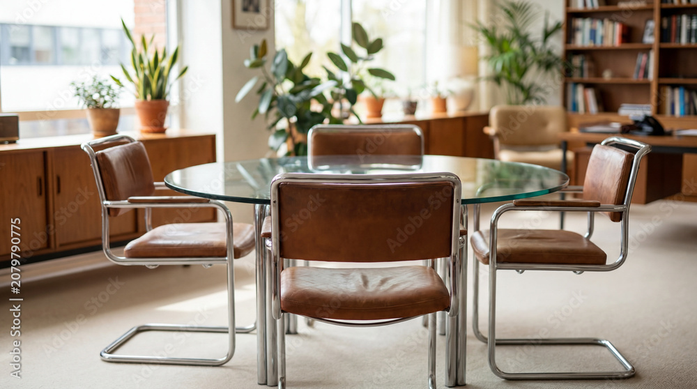 Fototapeta premium Sit in classic chrome and leather cantilever chairs at a beautiful round glass meeting table