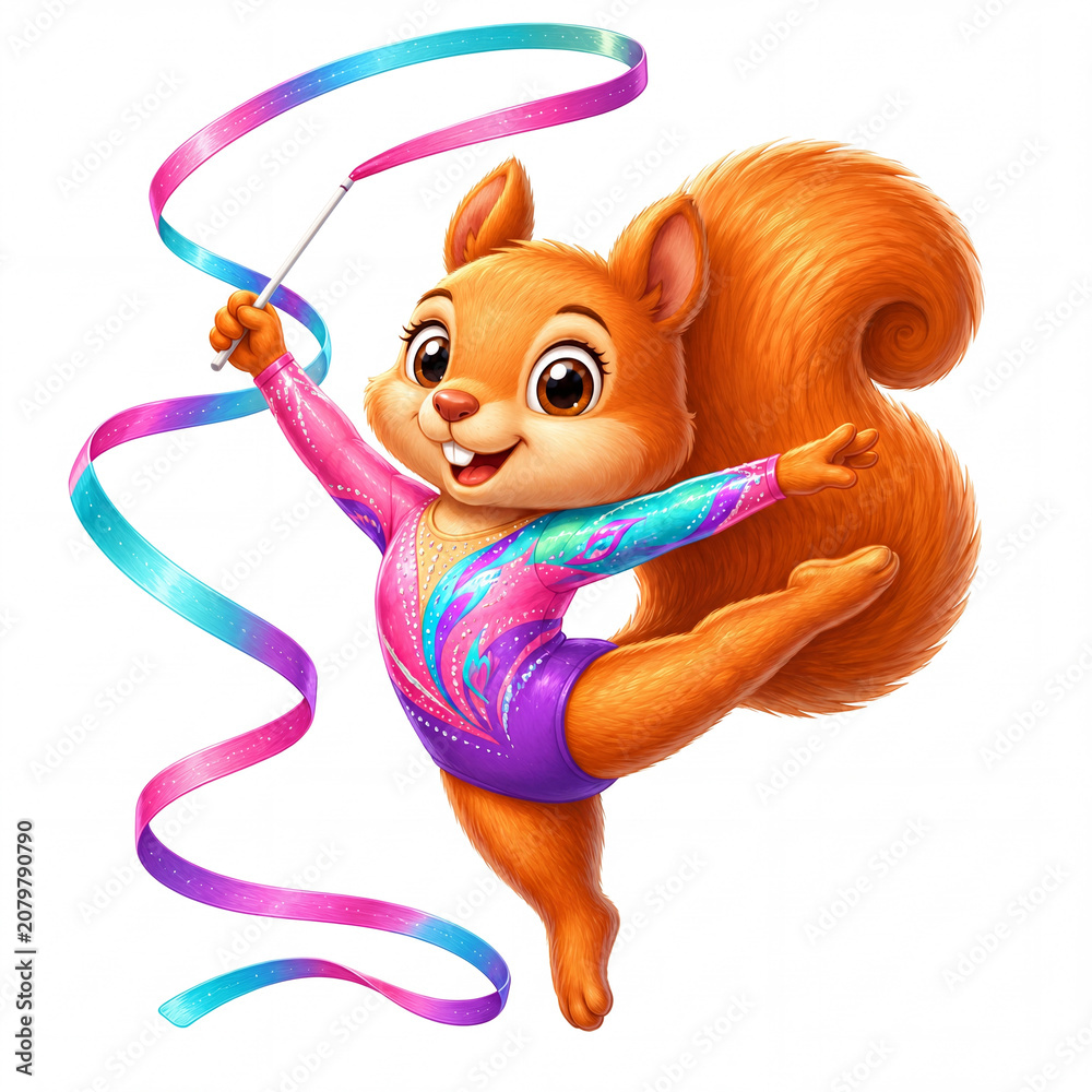 Fototapeta premium Cute Cartoon Squirrel Performing Rhythmic Gymnastics with a Colorful Ribbon