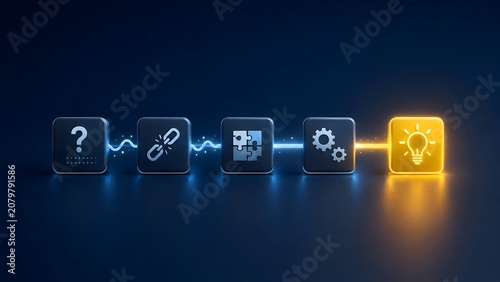 Overcoming challenges and innovation process concept with sequence of connected dark blocks turning obstacles into a glowing light bulb solution