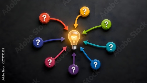 Glowing light bulb surrounded by colorful question marks and arrows pointing towards it representing problem solving and finding answers
