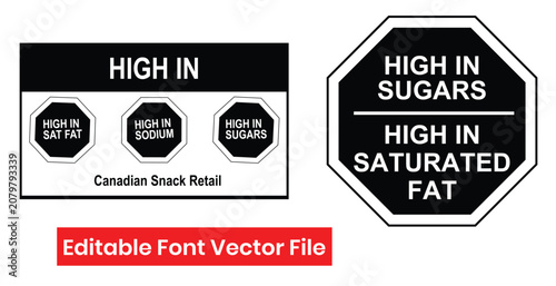 Foto High in sugar and fat food warning labels in black and white style