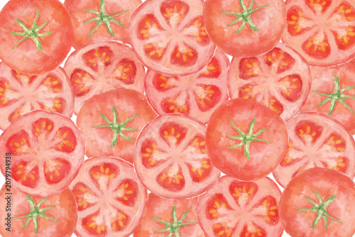 Tomatoes watercolor slced pattern background. Fresh tomatoes, watercolor painting illustration. Watercolor red cherry tomatoes sliced pattern background