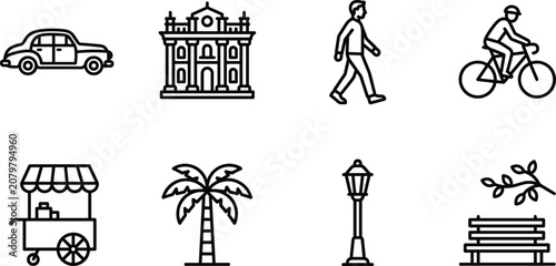 Obraz na płótnie Collection of Line Icons representing urban elements like a car building pedestr