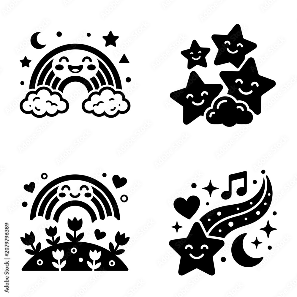 Fototapeta premium Smiling stars and rainbow icons set.