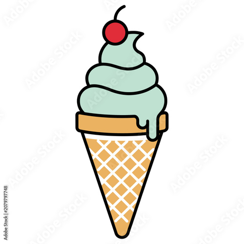 Mint ice cream in waffle cone with cherry
