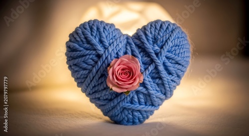 Soft Blue Yarn Heart with Pink Rose, Gently Illuminated, Evoking Warmth and Affection.