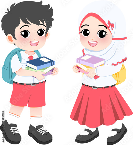 Two smiling school children holding books and wearing uniforms and backpacks