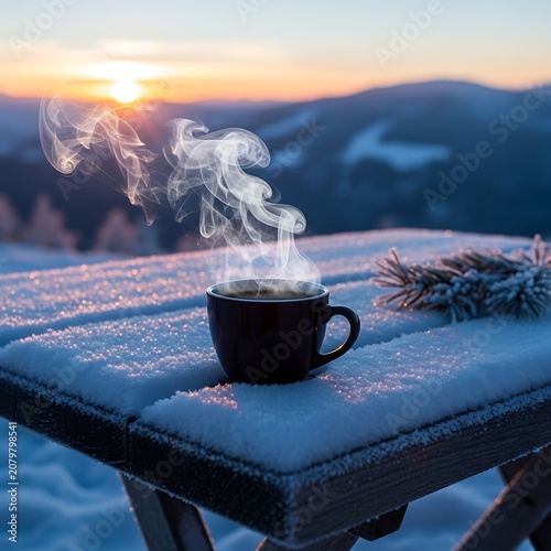 Steaming hot coffee cup on a frosty table with a beautiful winter sunrise in the background, evoking warmth and tranquility.