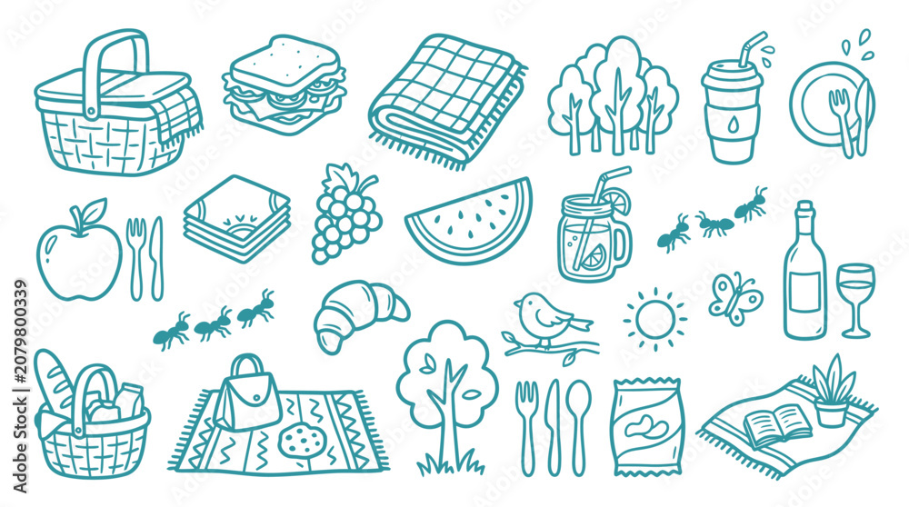 Fototapeta premium Collection of hand-drawn picnic icons and elements, perfect for summer themes and outdoor activities.