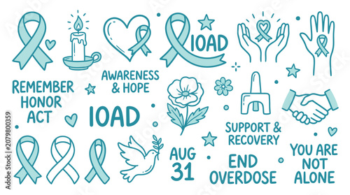 Fotografía Set of icons and symbols representing overdose awareness, support, and recovery, with a focus on August 31st