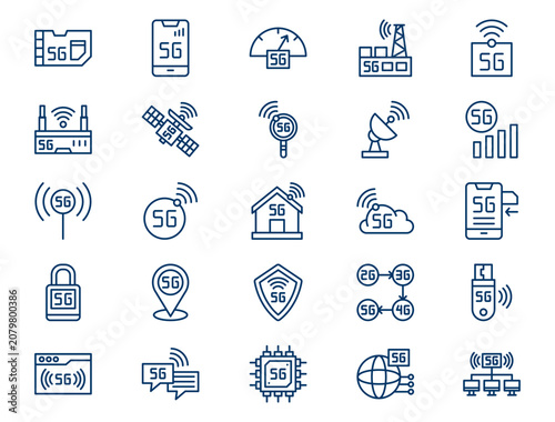Advanced 5g network technology outline collection presents detailed wireless telecommunication elements. Broadband concept