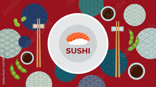 Foto A vibrant sushi restaurant scene with a plate of sushi and chopsticks on a red table surrounded by various dishes and ingredients