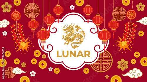 Photography Vibrant Lunar New Year Celebration with Dragon Lanterns and Decorations