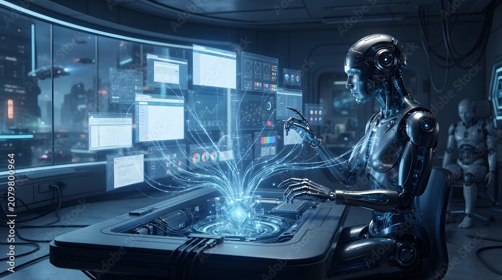 Hyper-realistic humanoid AI observing floating holographic desktop interfaces